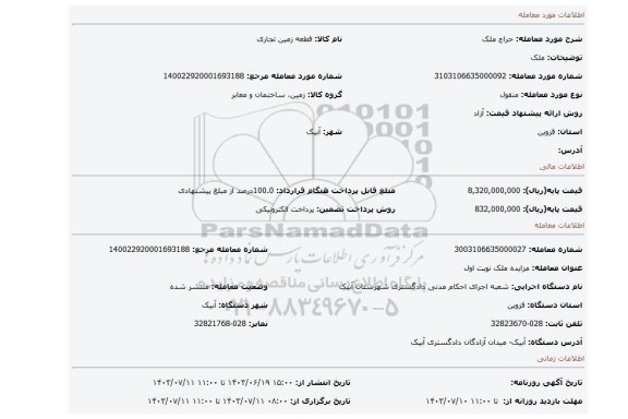 مزایده، ملک
