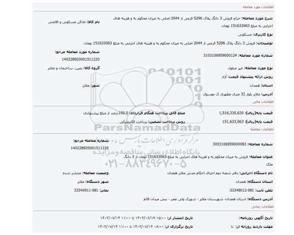 مزایده، فروش 3 دانگ پلاک 5296 فرعی از 2044 اصلی به میزان محکوم به و هزینه های اجرایی به مبلغ 151633063 تومان
