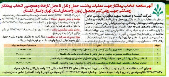 مناقصه انتخاب پیمانکار جهت عملیات برداشت، حمل و نقل تا محل کارخانه و...