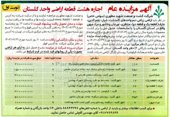 مزایده عام اجاره هشت قطعه اراضی 
