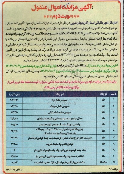 تجدید مزایده فروش ده قلم منسوجات طلا به وزن 810 گرم به همراه دو عدد سکه تمام بهار آزادی - نوبت دوم
