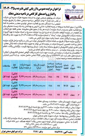 مزایده واگذاری واحدهای کارگاهی در ناحیه صنعتی دهک