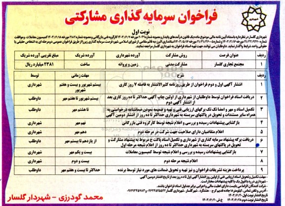 فراخوان سرمایه گذاری مشارکتی مجتمع تجاری گلسار...