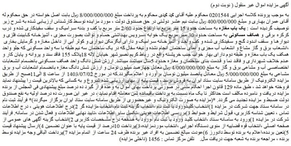 مزایده یک باب مغازه به مساحت حدود 15 متر مربع با ارتفاع حدود 2/60 متر مربع 