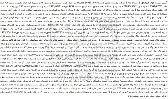 آگهی مزایده  مقدار 42 سهم مشاع از 96 سهم ششدانگ یک قطعه زمین تحت پلاک ثبتی دو هزار و نهصد و شصت و هشت فرعی از یک اصلی
