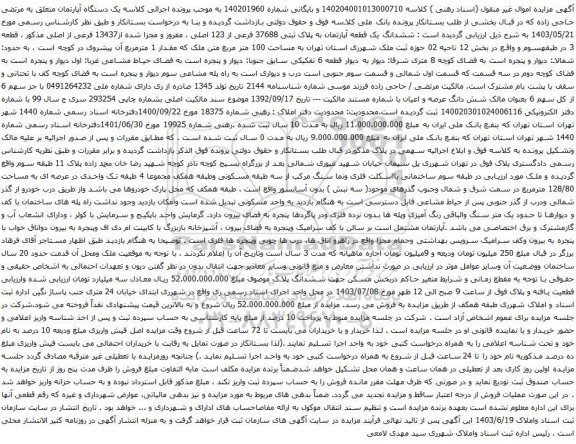 آگهی مزایده ششدانگ یک قطعه آپارتمان به پلاک ثبتی 37688 فرعی از 123 اصلی ، مفروز و مجزا شده از13437 فرعی از اصلی