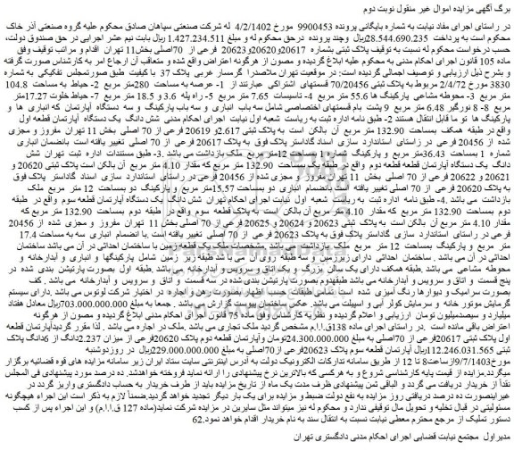 مزایده شش دانگ یک دستگاه آپارتمان قطعه اول واقع در طبقه همکف بمساحت 132.90 متر مربع
