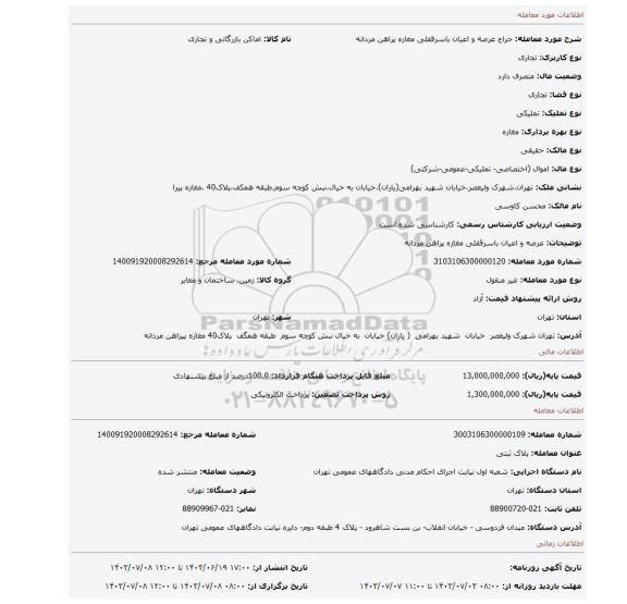 مزایده، عرصه و اعیان باسرقفلی مغازه پراهن مردانه