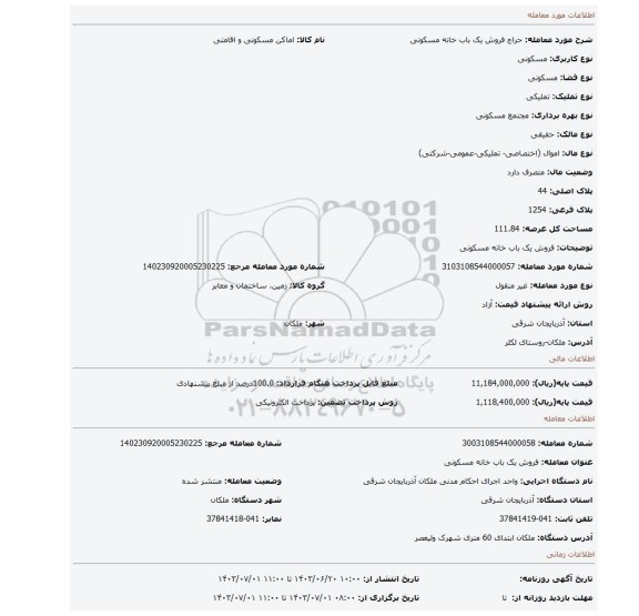 مزایده، فروش یک باب خانه مسکونی