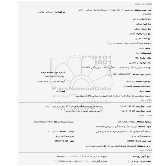 مزایده، فروش 3 دانگ از 6دانگ یک دستگاه آپارتمان مسکونی بایگانی 0300509