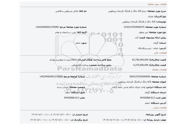 مزایده، 4/5 دانگ از 6دانگ کارخانه برنجکوبی