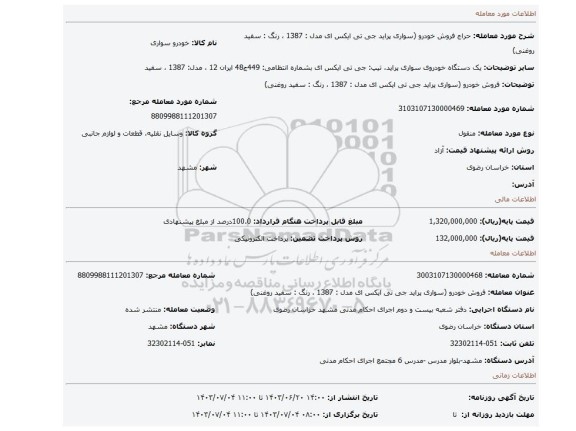 مزایده، فروش خودرو (سواری پراید جی تی ایکس ای مدل : 1387 ، رنگ : سفید روغنی)