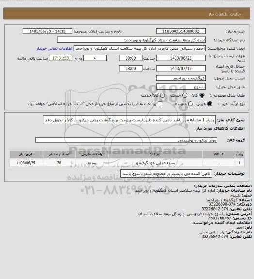 استعلام ردیف 1  مشابه  می باشد تامین کننده طبق لیست پیوست برنج گوشت روغن مرغ و ... کالا را تحویل دهد