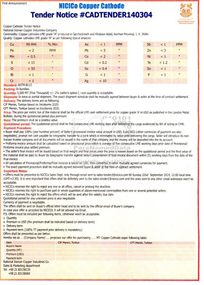 مناقصه Copper cathodes LME grade 