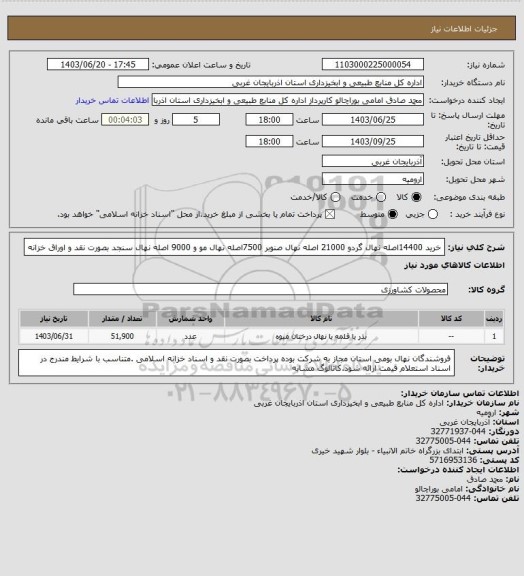 استعلام خرید 14400اصله نهال گردو 21000 اصله نهال صنوبر 7500اصله نهال مو و 9000 اصله نهال سنجد بصورت نقد و اوراق خزانه
