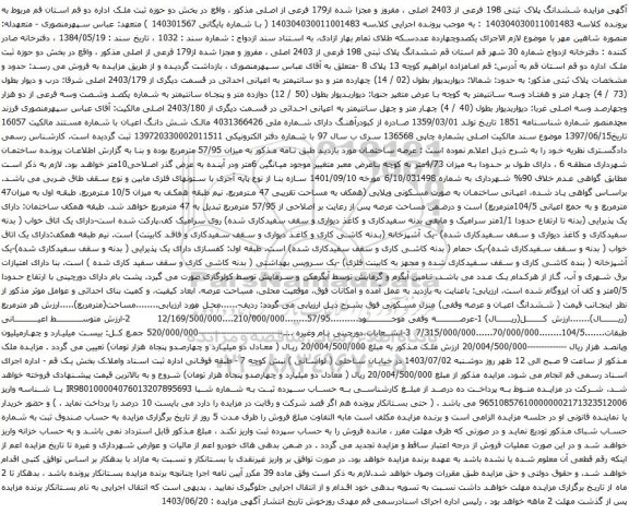 مزایده ششدانگ پلاک ثبتی 198 فرعی از 2403 اصلی ، مفروز و مجزا شده از179 فرعی از اصلی