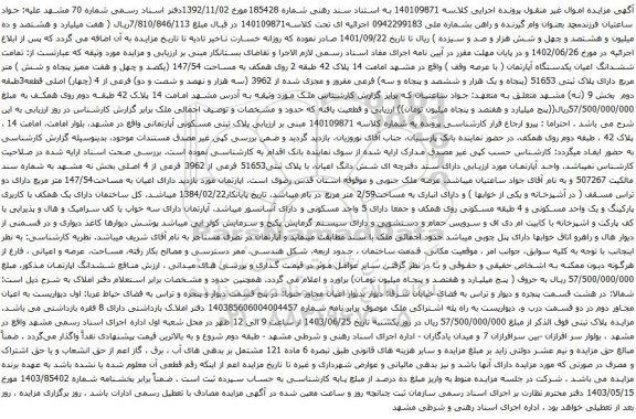 مزایده ششدانگ اعیان یکدستگاه آپارتمان ( با عرصه وقف )