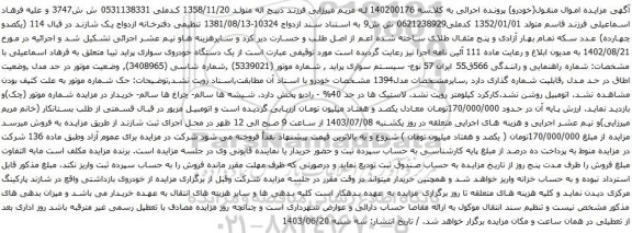 مزایده یک دستگاه خودروی سواری پراید تیبا 