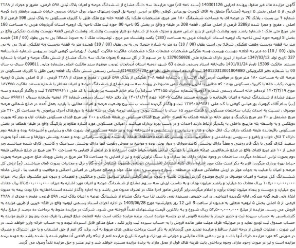 مزایده سه دانگ مشاع از ششدانگ عرصه و اعیان پلاک ثبتی ۵۹۸ فرعی