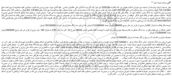 مزایده فروش سه دانگ مورد مالکیت خود از پلاک ثبتی 24 فرعی از 14 اصلی