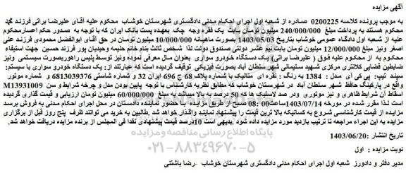 مزایده فروش یک دستگاه خودرو سواری با سیستم:  سپند  تیپ:  پی کی آی  مدل :  1384 به رنگ : نقره ای  متالیک