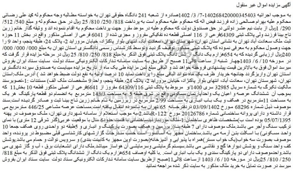 مزایده فروش ملک پلاک ثبتی 64309فرعی از 116 اصلی قطعه ده تفکیکی مفروز و مجزی شده از 6041 فرعی از اصلی