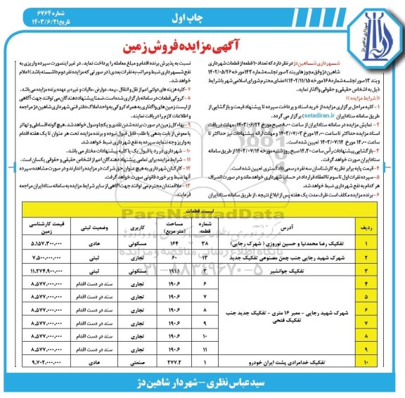 مزایده فروش تعداد 10 قطعه از قطعات شهرداری