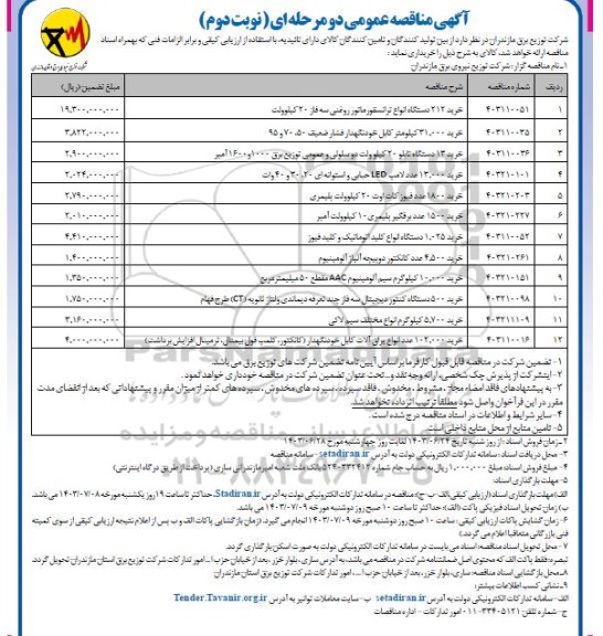 مناقصه خرید 212 دستگاه انواع ترانسفورماتور روغنی سه فاز 20 کیلوولت ....- نوبت دوم 