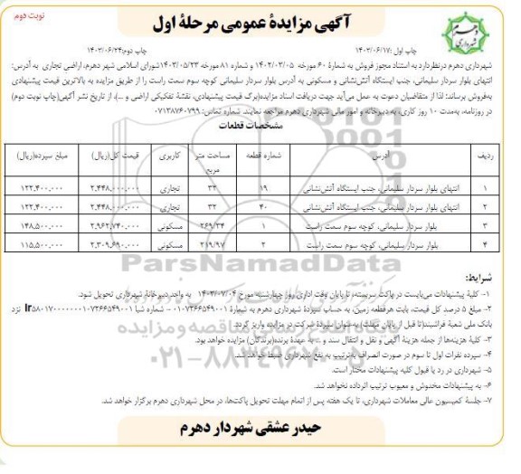 مزایده فروش اراضی تجاری و مسکونی نوبت دوم