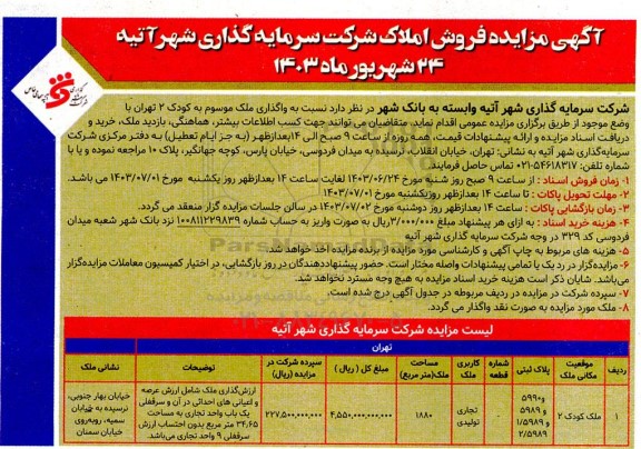مزایده فروش املاک