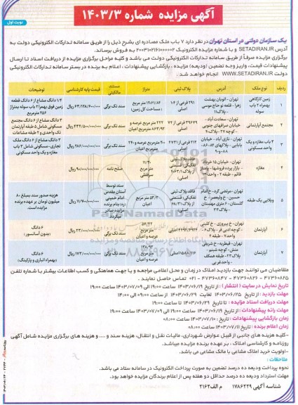 مزایده فروش 7 باب ملک به پلاک ثبتی 291 فرعی از 104 اصلی و 29679فرعی از 74 اصلی