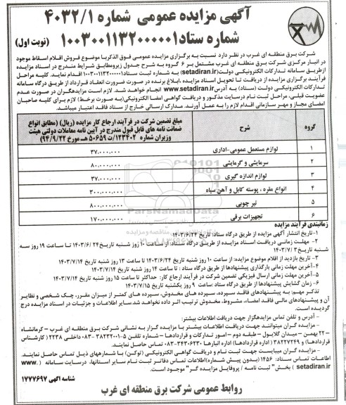 مزایده فروش اقلام اسقاط موجود در انبار مرکزی