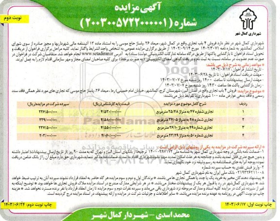 مزایده فروش 4 باب تجاری - نوبت دوم
