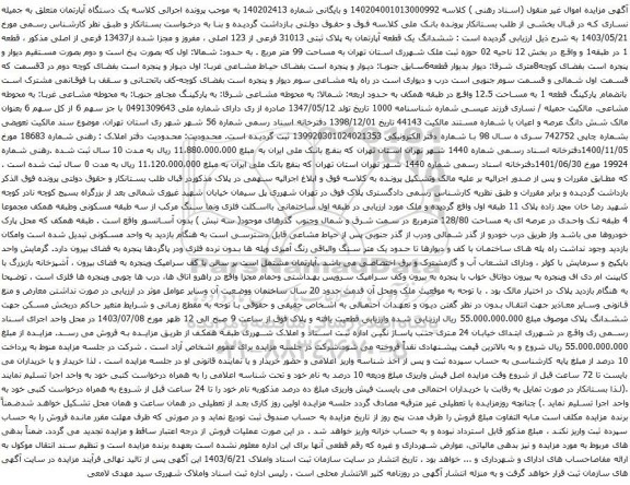 آگهی مزایده ششدانگ یک قطعه آپارتمان به پلاک ثبتی 31013 فرعی از 123 اصلی ، مفروز و مجزا شده از13437 فرعی از اصلی