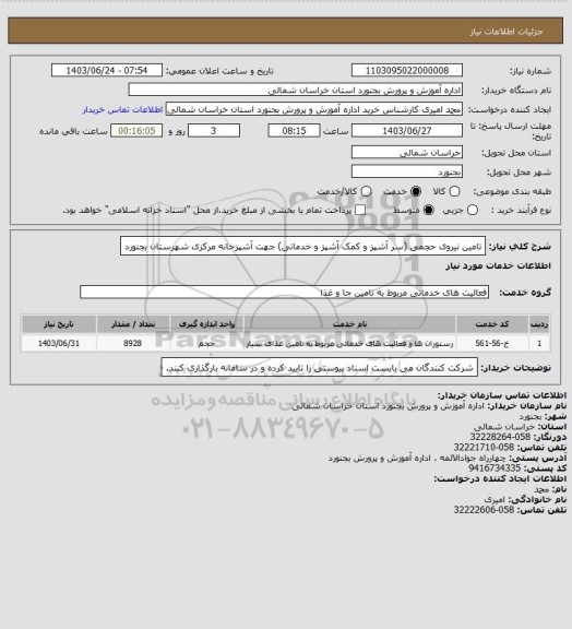 استعلام تامین نیروی حجمی (سر آشپز و کمک آشپز و خدماتی) جهت آشپزخانه مرکزی شهرستان بجنورد