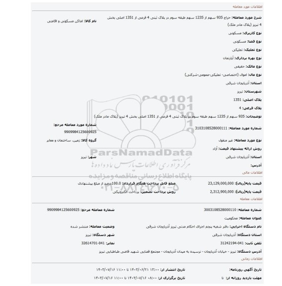 مزایده، 935 سهم از 1235 سهم طبقه سوم در پلاک ثبتی 4 فرعی از 1351 اصلی بخش 4 تبریز (پلاک مادر ملک)