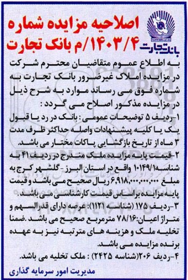 اصلاحیه مزایده فروش املاک و مستغلات، کارخانجات و ماشین آلات