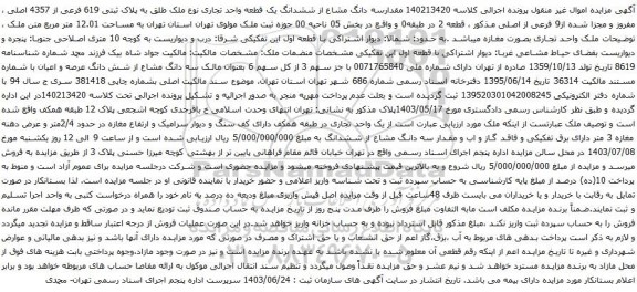 آگهی مزایده مقدارسه دانگ مشاع از ششدانگ یک قطعه واحد تجاری نوع ملک طلق به پلاک ثبتی 619 فرعی از 4357 اصلی ، مفروز و مجزا شده از9 فرعی از اصلی