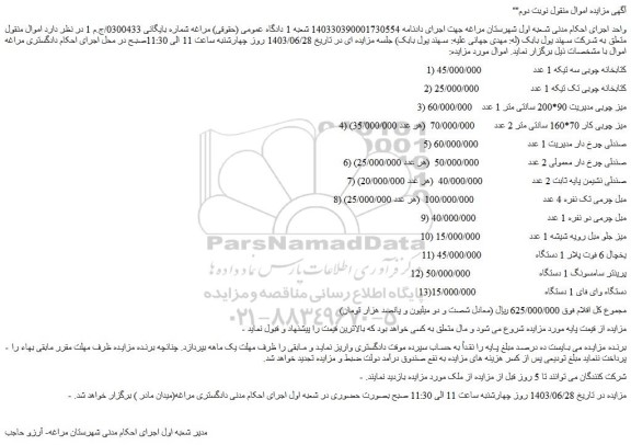 مزایده فروش کتابخانه چوبی سه تیکه 1 عدد و...