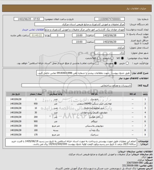 استعلام طبق جدول پیوست .جهت دطلاعات بیشتر با شماره تلفن 09183631896 تماس حاصل کنید.