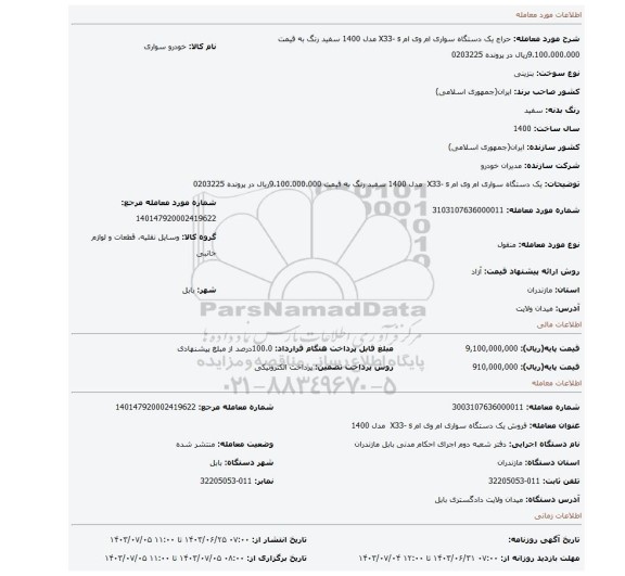 مزایده، یک دستگاه سواری ام وی ام X33- s مدل 1400 سفید رنگ به قیمت 9.100.000.000ریال در پرونده 0203225