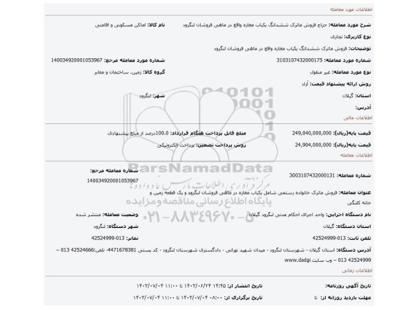 مزایده، فزوش ماترک ششدانگ یکباب مغازه واقع در ماهی فروشان لنگرود