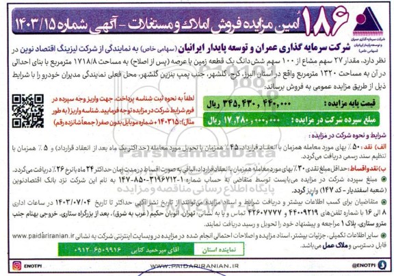 186اُمین مزایده فروش ششدانگ مقدار 27 سهم مشاع از 100 سهم شش دانگ یک قطعه زمین