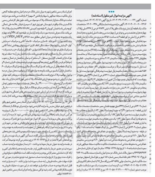 مزایده یک قطعه آپارتمان پلاک ثبتی 14832 فرعی از 437 اصلی