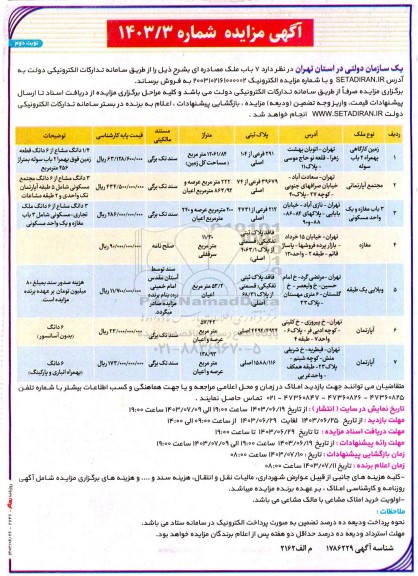 مزایده فروش 7 باب ملک به پلاک ثبتی 291 فرعی از 104 اصلی و 29679فرعی از 74 اصلی- نوبت دوم