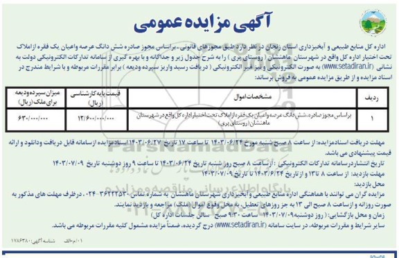 مزایده فروش شش دانگ عرصه و اعیان