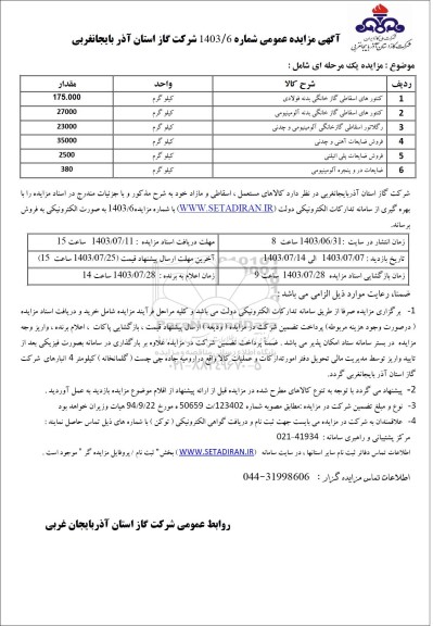 مزایده فروش کنتورهای اسقاطی گاز خانگی بدنه فولادی...