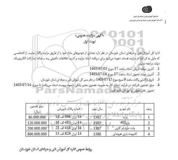 مزایده فروش تعدادی از خودروهای مازاد