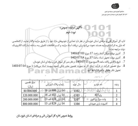 مزایده فروش تعدادی از خودروهای مازاد -نوبت دوم