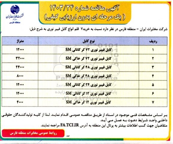 مناقصه خرید 7 قلم انواع کابل فیبر نوری